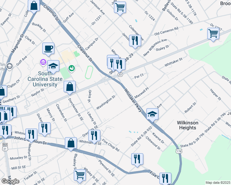map of restaurants, bars, coffee shops, grocery stores, and more near 269 State Road S-38-773 in Orangeburg