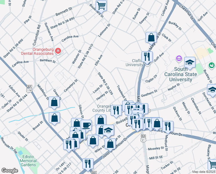 map of restaurants, bars, coffee shops, grocery stores, and more near 335-347 State Road S-38-239 in Orangeburg