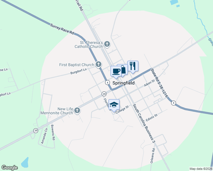 map of restaurants, bars, coffee shops, grocery stores, and more near 3612 Surrey Race Road in Springfield