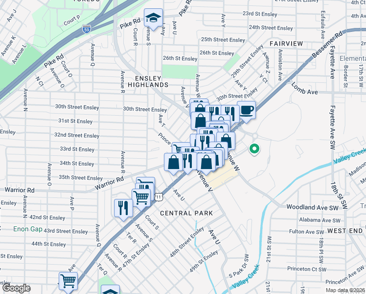 map of restaurants, bars, coffee shops, grocery stores, and more near 2032 Warrior Rd in Birmingham
