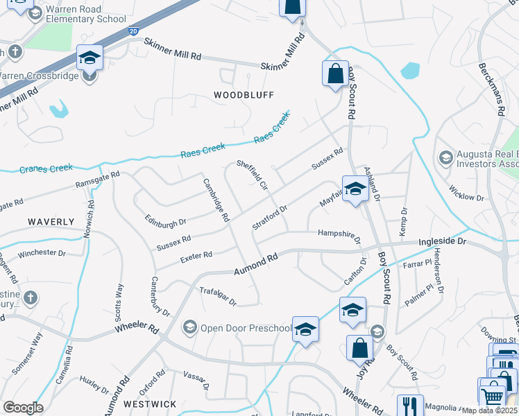 map of restaurants, bars, coffee shops, grocery stores, and more near 3006 Sussex Road in Augusta