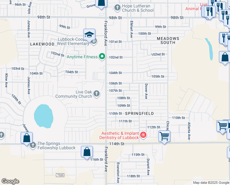 map of restaurants, bars, coffee shops, grocery stores, and more near 5731 107th Street in Lubbock