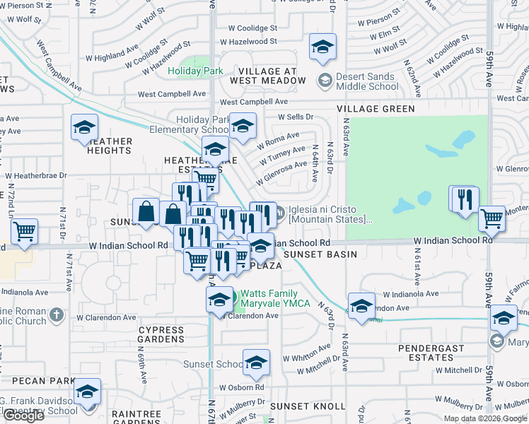 map of restaurants, bars, coffee shops, grocery stores, and more near 6521 West Devonshire Avenue in Phoenix
