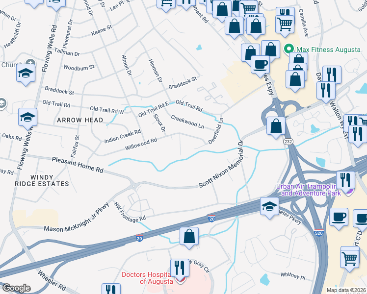 map of restaurants, bars, coffee shops, grocery stores, and more near 256 Willowood Ct in Augusta
