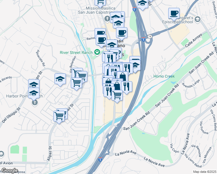 map of restaurants, bars, coffee shops, grocery stores, and more near 32119 Camino Capistrano in San Juan Capistrano