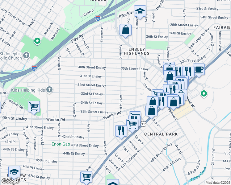 map of restaurants, bars, coffee shops, grocery stores, and more near 1728 33rd Street Ensley in Birmingham