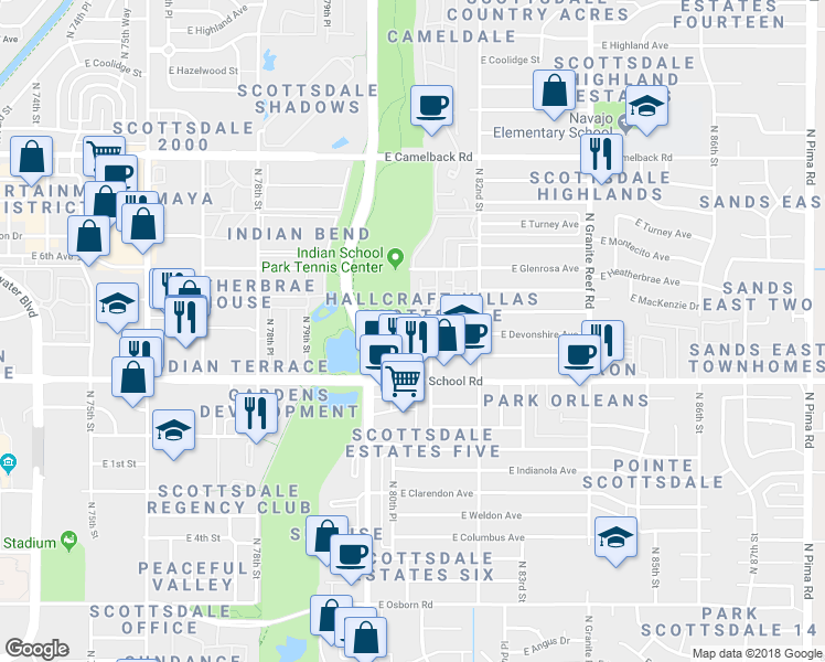 map of restaurants, bars, coffee shops, grocery stores, and more near 4201 North Hayden Road in Scottsdale