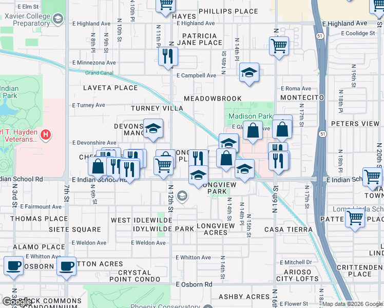 map of restaurants, bars, coffee shops, grocery stores, and more near 4150 North Longview Avenue in Phoenix