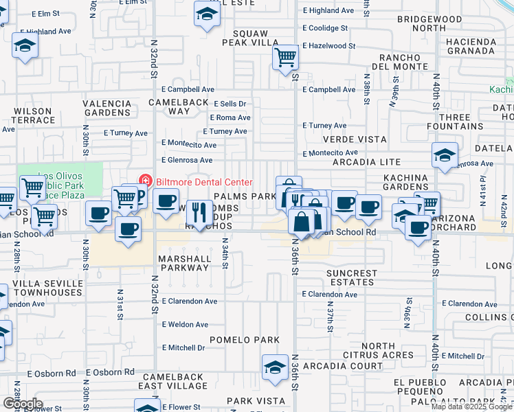 map of restaurants, bars, coffee shops, grocery stores, and more near 4133 North 35th Street in Phoenix