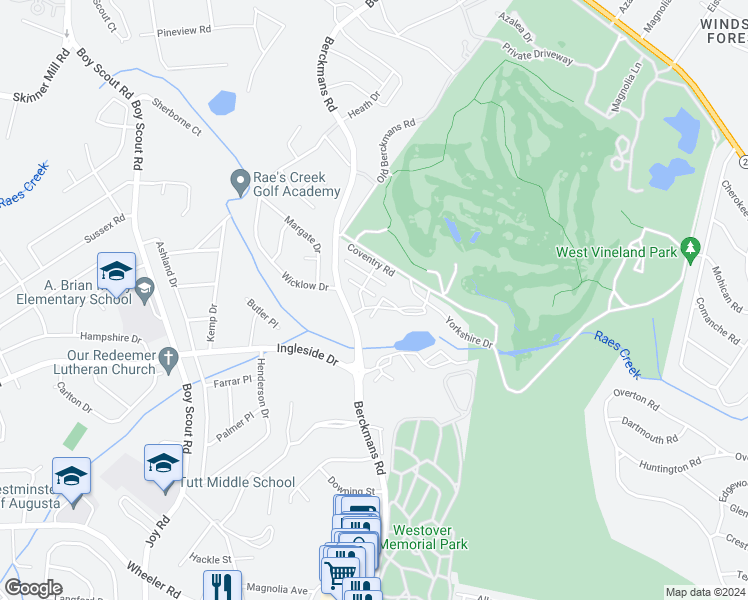 map of restaurants, bars, coffee shops, grocery stores, and more near 2627 Quinn Court in Augusta