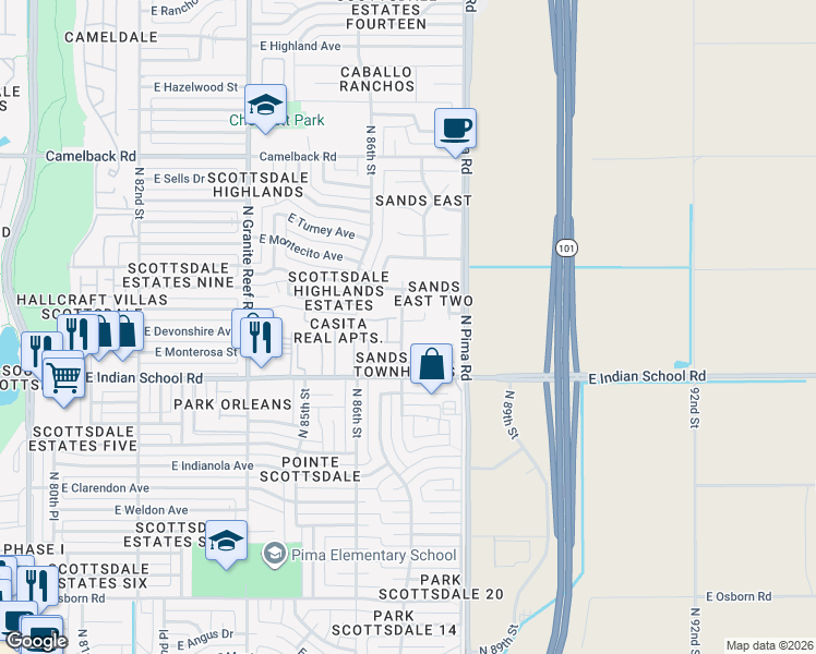 map of restaurants, bars, coffee shops, grocery stores, and more near 8703 East Mackenzie Drive in Scottsdale