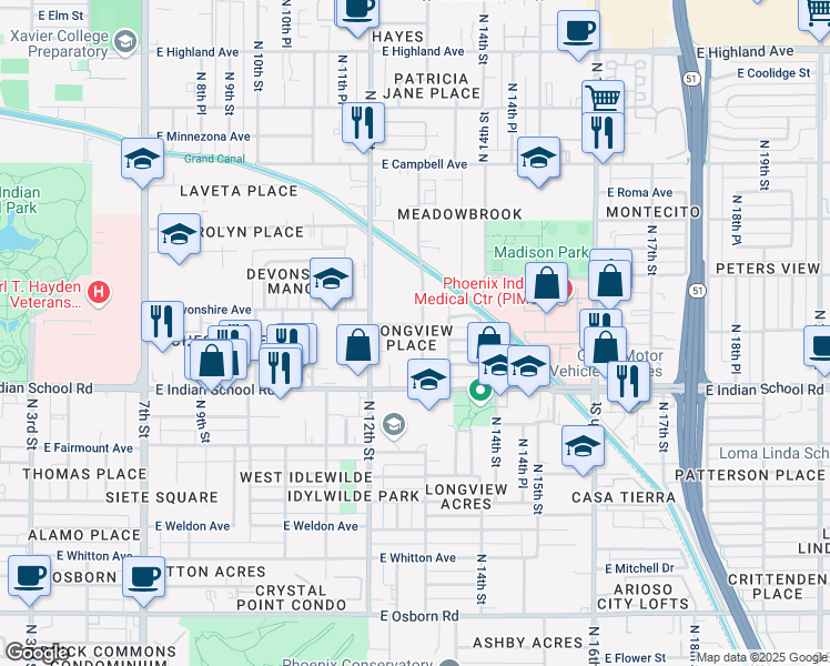 map of restaurants, bars, coffee shops, grocery stores, and more near 4150 North Longview Avenue in Phoenix