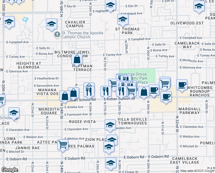 map of restaurants, bars, coffee shops, grocery stores, and more near 4143 North 27th Street in Phoenix