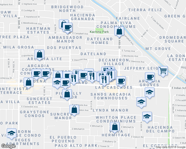 map of restaurants, bars, coffee shops, grocery stores, and more near 4140 North 42nd Street in Phoenix