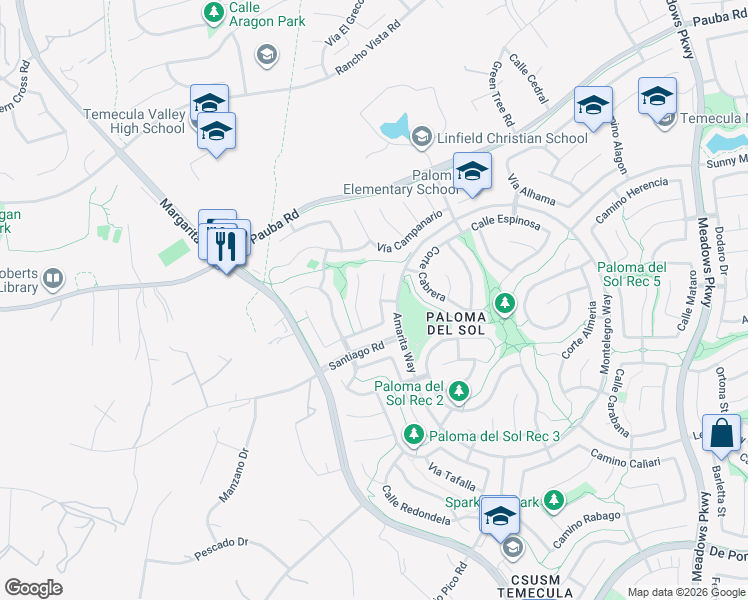 map of restaurants, bars, coffee shops, grocery stores, and more near 43149 Corte Tolosa in Temecula