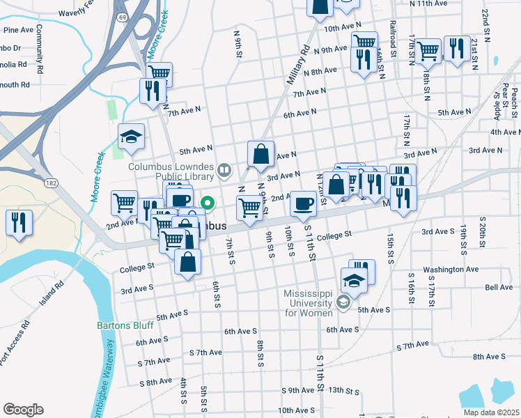 map of restaurants, bars, coffee shops, grocery stores, and more near 117 North 9th Street in Columbus