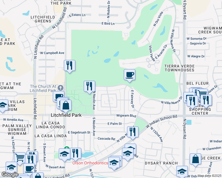 map of restaurants, bars, coffee shops, grocery stores, and more near 503 East Fairway Drive in Litchfield Park