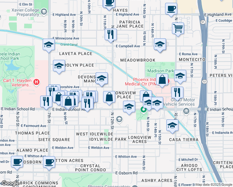 map of restaurants, bars, coffee shops, grocery stores, and more near 1205 East Devonshire Avenue in Phoenix