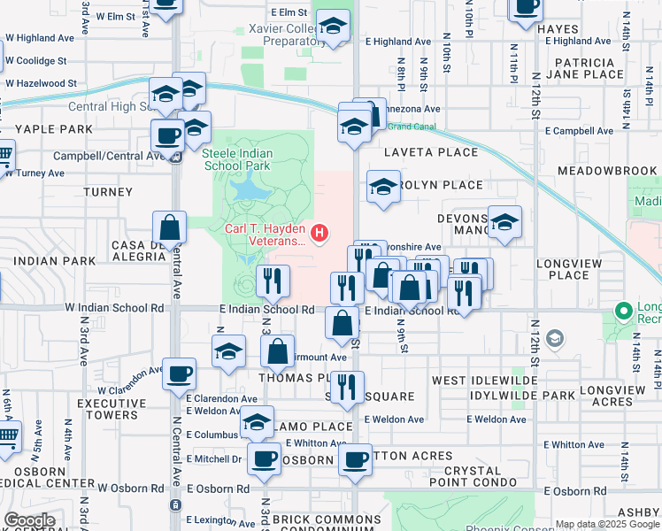 map of restaurants, bars, coffee shops, grocery stores, and more near 650 East Indian School Road in Phoenix