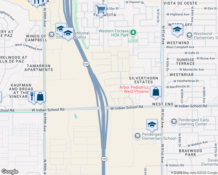 map of restaurants, bars, coffee shops, grocery stores, and more near West Indian School Road in Phoenix