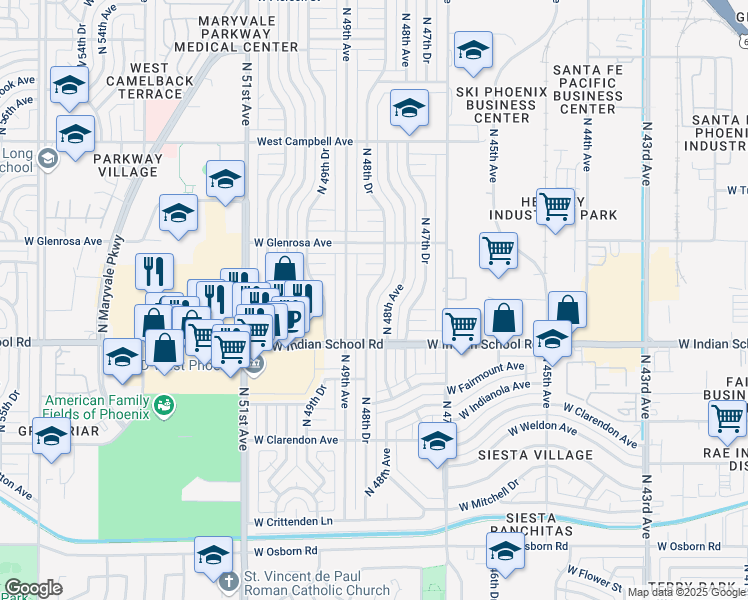 map of restaurants, bars, coffee shops, grocery stores, and more near 4142 North 48th Drive in Phoenix