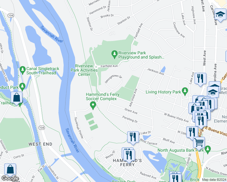 map of restaurants, bars, coffee shops, grocery stores, and more near 903 Georgetown Drive in North Augusta