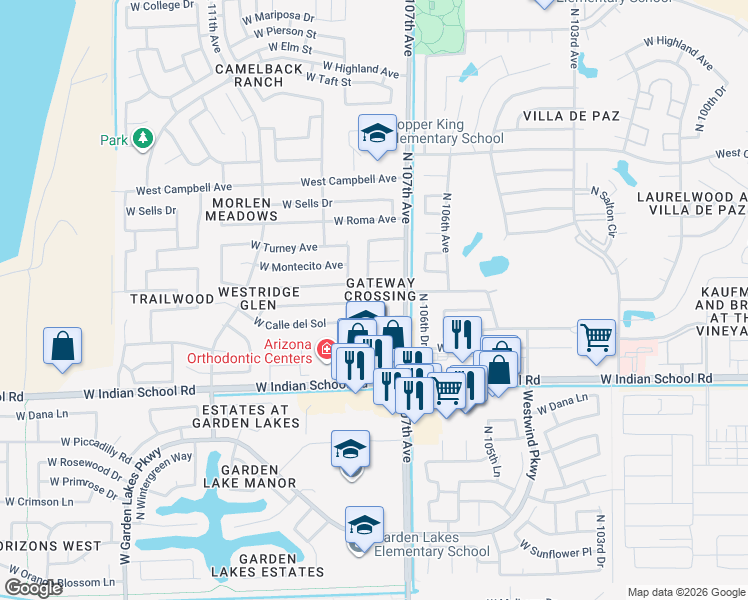 map of restaurants, bars, coffee shops, grocery stores, and more near 4215 North 107th Lane in Phoenix