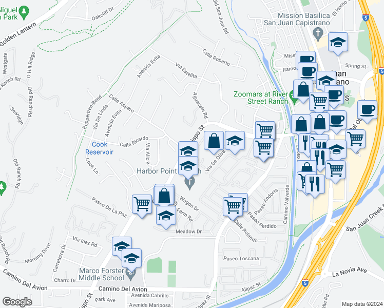 map of restaurants, bars, coffee shops, grocery stores, and more near 32125 Via De Aguila in San Juan Capistrano