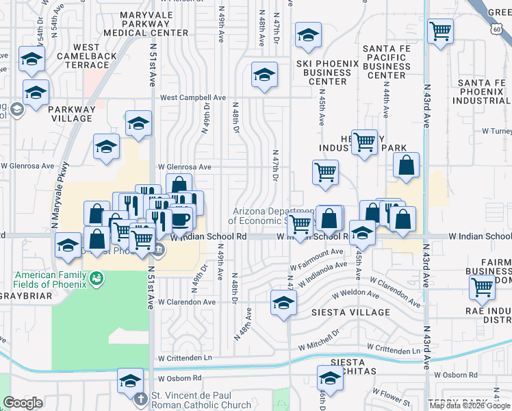 map of restaurants, bars, coffee shops, grocery stores, and more near 4141 North 48th Avenue in Phoenix