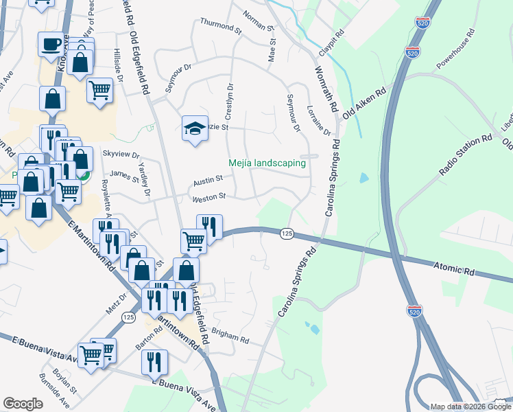 map of restaurants, bars, coffee shops, grocery stores, and more near 620 Hutchinson Drive in North Augusta