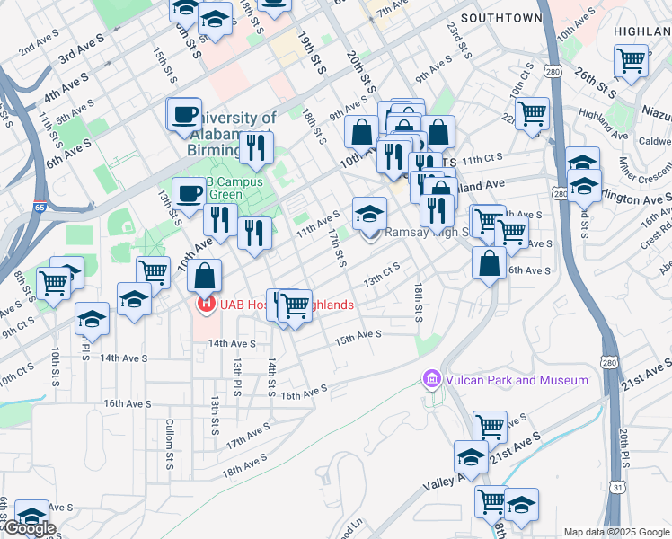 map of restaurants, bars, coffee shops, grocery stores, and more near 1220 17th Street South in Birmingham