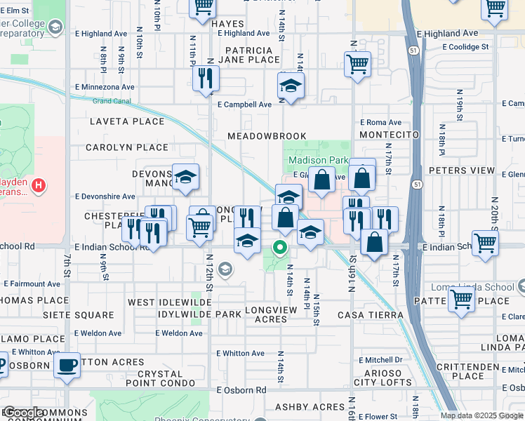 map of restaurants, bars, coffee shops, grocery stores, and more near 1302 East Devonshire Avenue in Phoenix