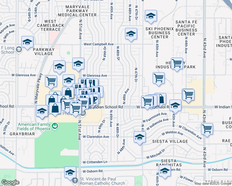 map of restaurants, bars, coffee shops, grocery stores, and more near 4142 North 48th Drive in Phoenix