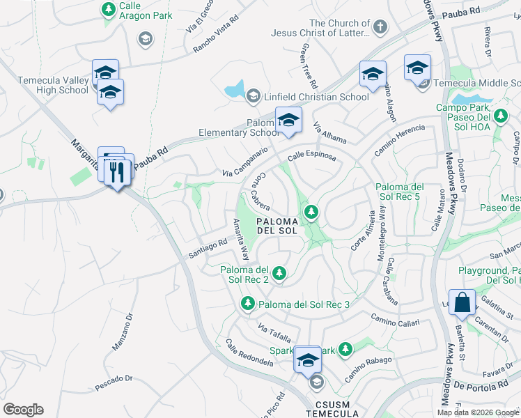 map of restaurants, bars, coffee shops, grocery stores, and more near 43153 Corte Cabrera in Temecula