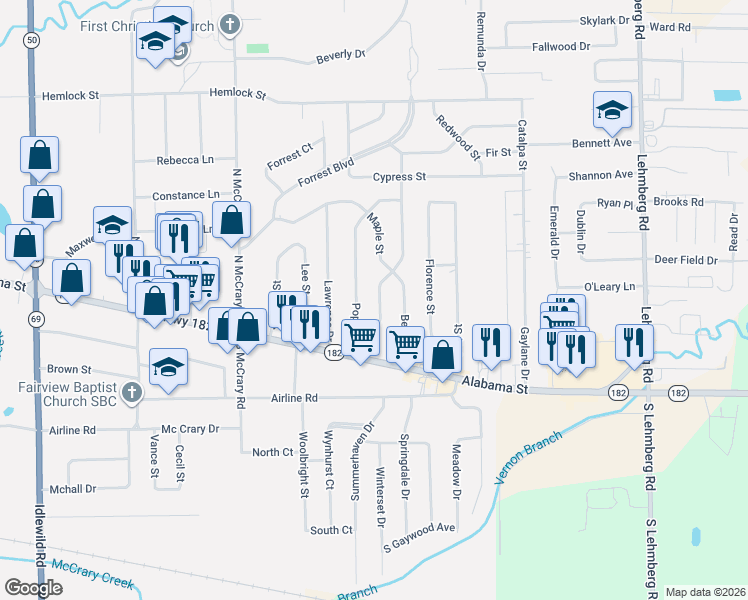 map of restaurants, bars, coffee shops, grocery stores, and more near 114 Poplar Street in Columbus
