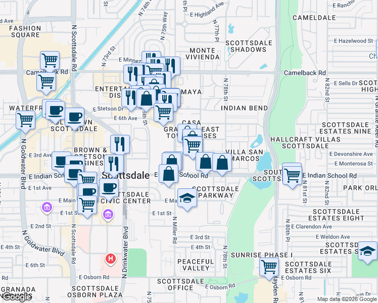 map of restaurants, bars, coffee shops, grocery stores, and more near 7620 North Miller Road in Scottsdale