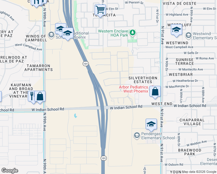 map of restaurants, bars, coffee shops, grocery stores, and more near West Indian School Road in Phoenix