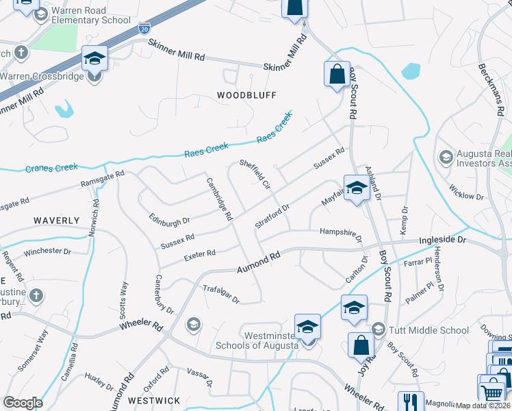 map of restaurants, bars, coffee shops, grocery stores, and more near Sussex Road in Augusta