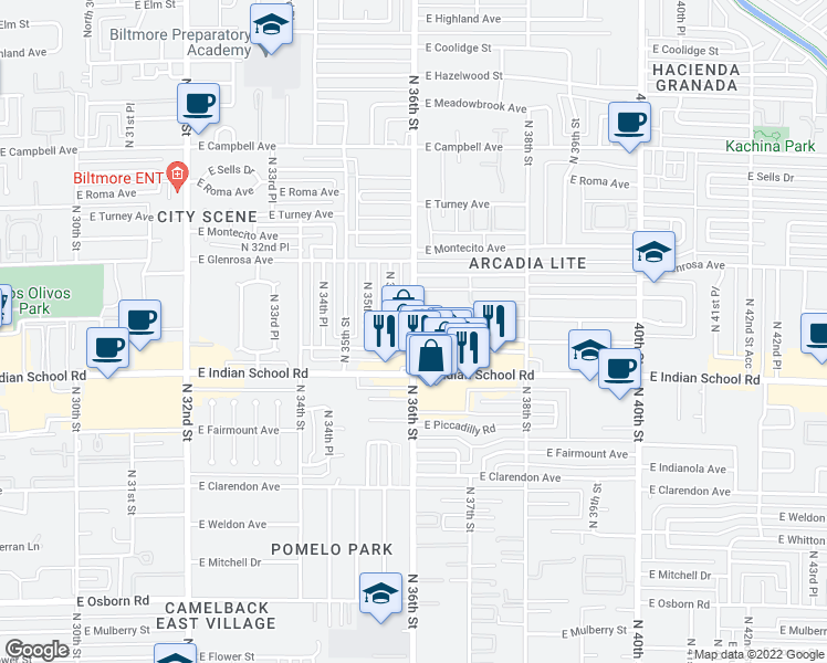 map of restaurants, bars, coffee shops, grocery stores, and more near N 36th St & E Monterosa St in Phoenix