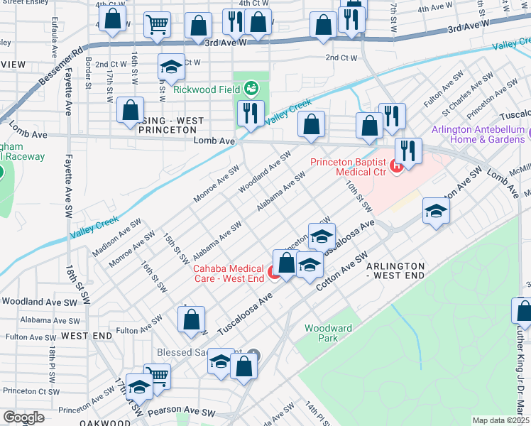 map of restaurants, bars, coffee shops, grocery stores, and more near 416 12th Street Southwest in Birmingham