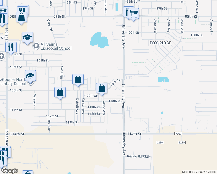 map of restaurants, bars, coffee shops, grocery stores, and more near 2528 108th Drive in Lubbock