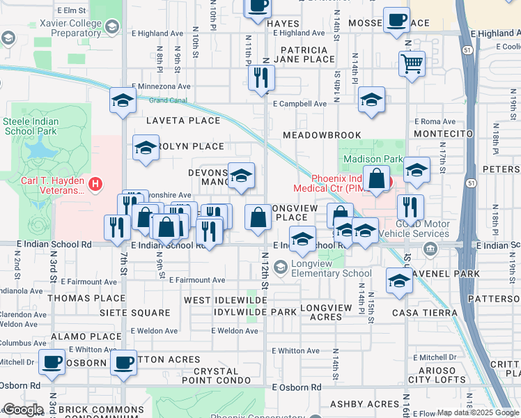 map of restaurants, bars, coffee shops, grocery stores, and more near 1205 East Devonshire Avenue in Phoenix