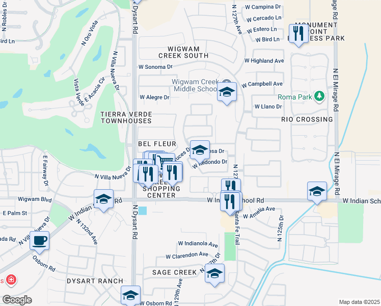 map of restaurants, bars, coffee shops, grocery stores, and more near 12916 West Glenrosa Drive in Litchfield Park
