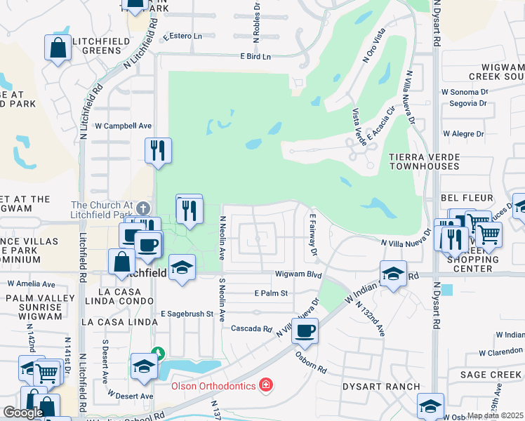 map of restaurants, bars, coffee shops, grocery stores, and more near 503 East Fairway Drive in Litchfield Park
