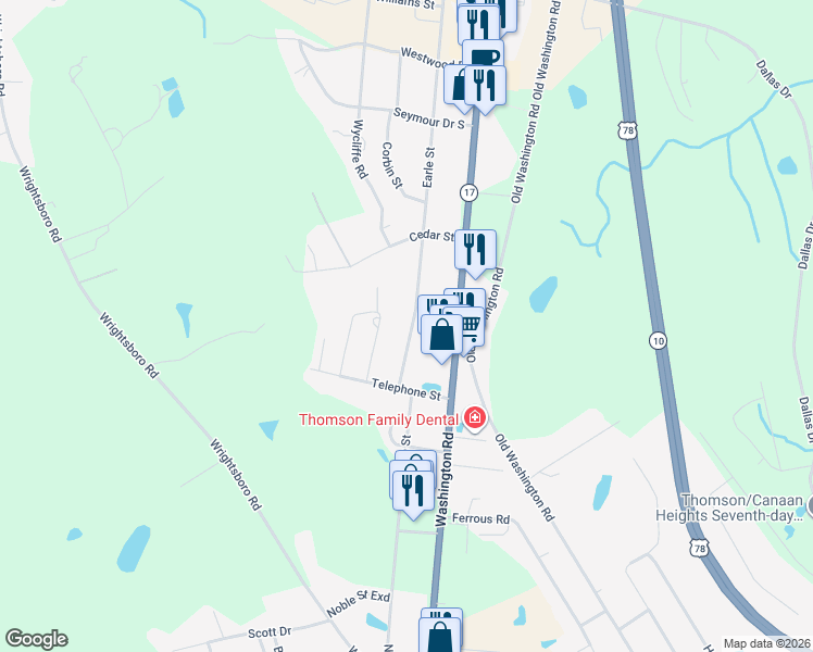 map of restaurants, bars, coffee shops, grocery stores, and more near 875 Earle Street in Thomson