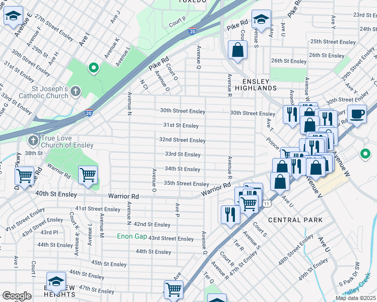 map of restaurants, bars, coffee shops, grocery stores, and more near 1612 33rd Street Ensley in Birmingham