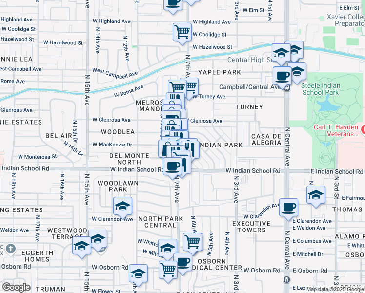 map of restaurants, bars, coffee shops, grocery stores, and more near 4135 North 7th Avenue in Phoenix