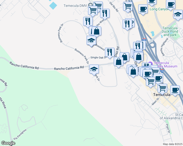 map of restaurants, bars, coffee shops, grocery stores, and more near 43517 Ridge Park Drive in Temecula