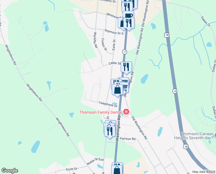 map of restaurants, bars, coffee shops, grocery stores, and more near 875 Earle Street in Thomson