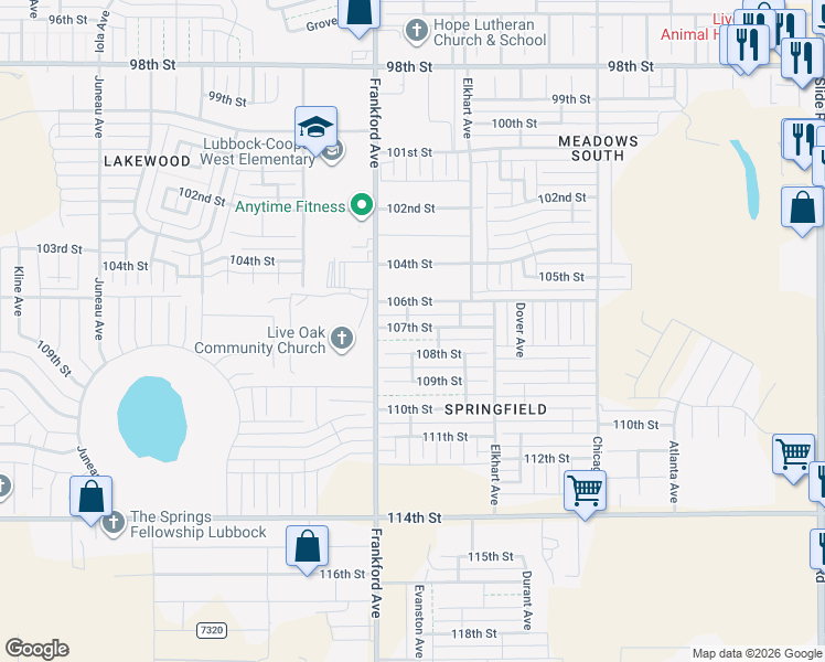 map of restaurants, bars, coffee shops, grocery stores, and more near 5731 107th Street in Lubbock